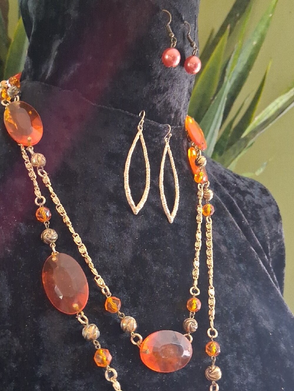 Vintage Gold and Orange Faceted Bead Long Necklace with Earrings - Picture 2 of 11